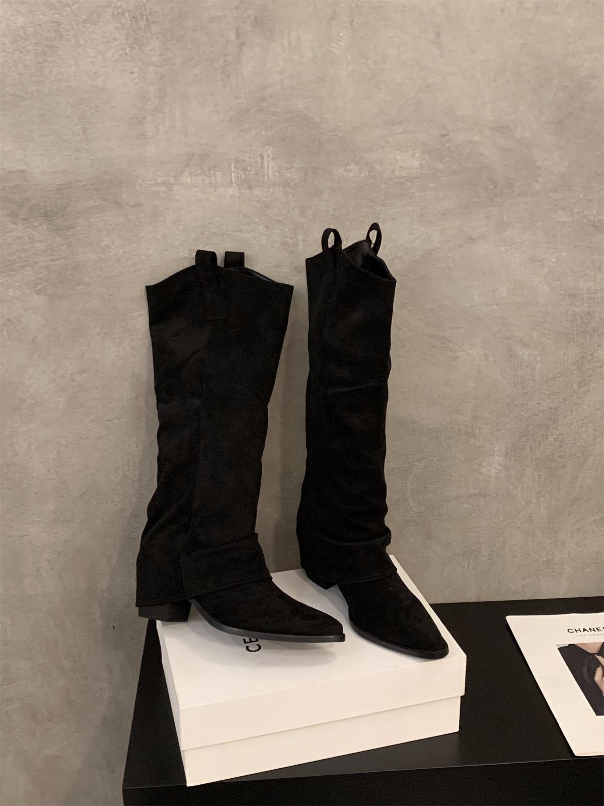 High Heel Pointed Brown Maillard Pile Boots Spring V-Mouth Skinny Long Boots 35