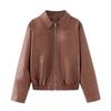 Women Faux Leather Bomber Jacket Lapel Collar Zip Up Long Sleeve Loose Cropped Casual PU Biker Coat Autumn Winter