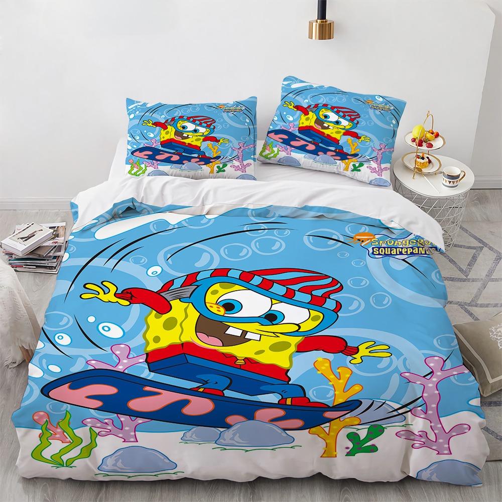 3D Cartoon S-Spongebob Bedding Set Polyester Duvet Cover Pillowcase Kids Bedroom Bed Twin Full Queen Size for Children Room Gift