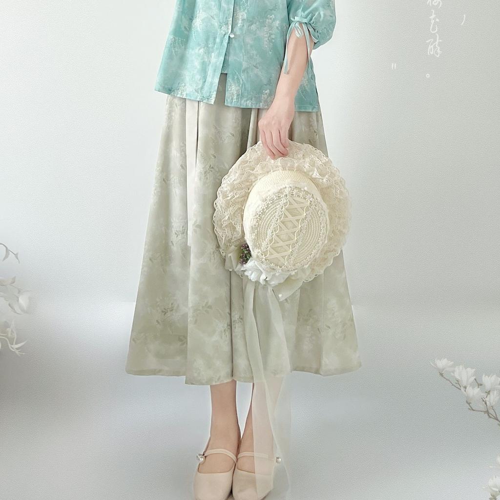 Chinese Tang Dynasty Style Hanfu Printed Tang Robe Top Waist Skirt Modified Daily Suit For Women