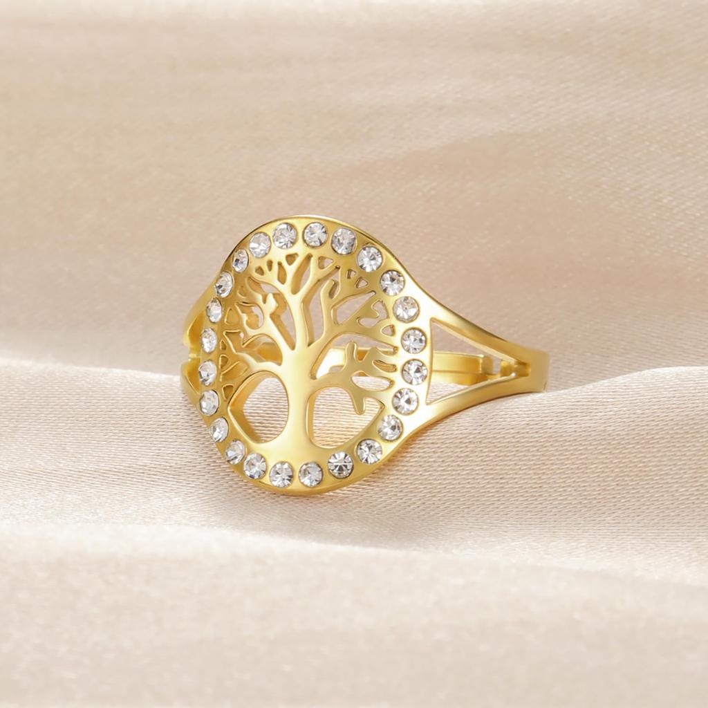 Dreamtimes Tree of Life Rings for Women Adjustable Opening Ring Stainless Zircon Round Rings Charm Luxury Jewelry Wedding Ring