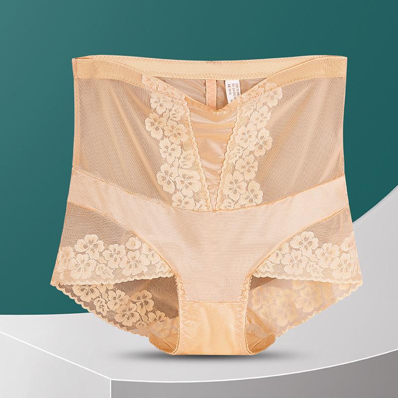 Plus Size Female Summer Hollowed-out Lace Ice Silk Sheer Mesh High Waist Tummy Tuck Panties