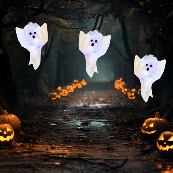 Halloweenská vlajka větrného rukávu s duchem, závěsná dekorace, 3D větrný rukáv, stuha, bílý létající duch pro domácí dvůr, terasu, venkovní dekoraci