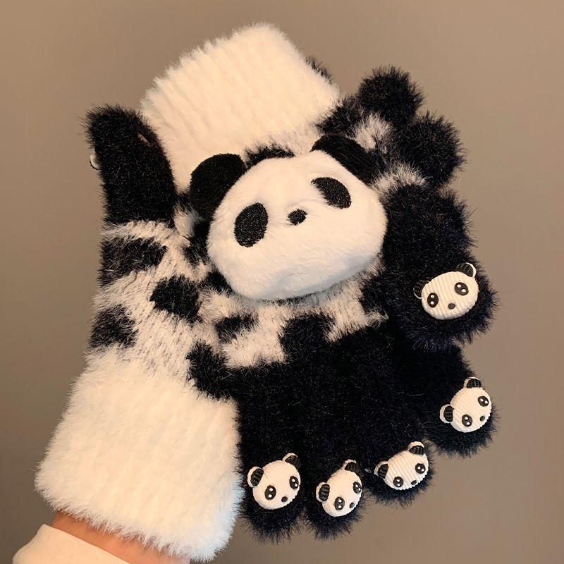 Cute red panda plush knitted gloves female winter thickened warm student riding cold can be divided