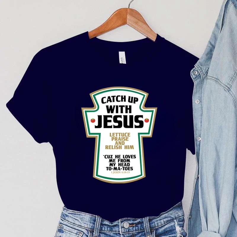 Catch Up with Jesus Dámská trička Vintage biblické verše Dámské topy Harajuku Křesťanská parodie Dámské oblečení s krátkým rukávem