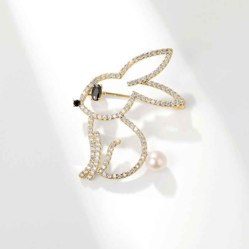 Elegant Zirconia Rabbit Brooch with Freshwater Pearl Corsage