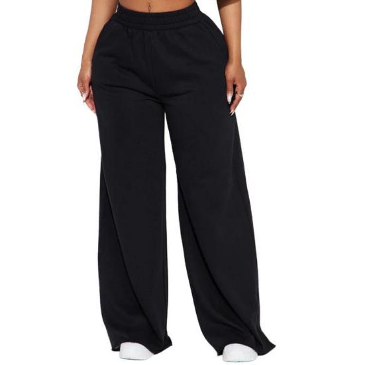

Elastic High Waist Women Casual Pants Solid Color Wide Leg Trousers Hip Hop Style Long Pants with Pockets XXL чорний