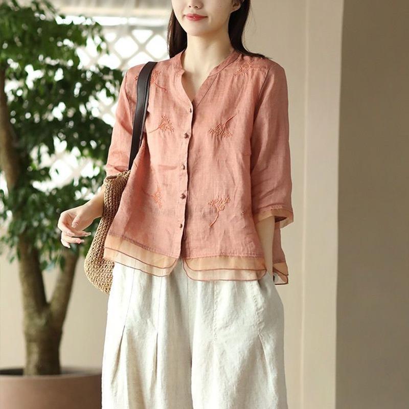 Women Embroidered Linen Blend Blouse V Neck Three Quarter Sleeve Button Down Casual Shirt