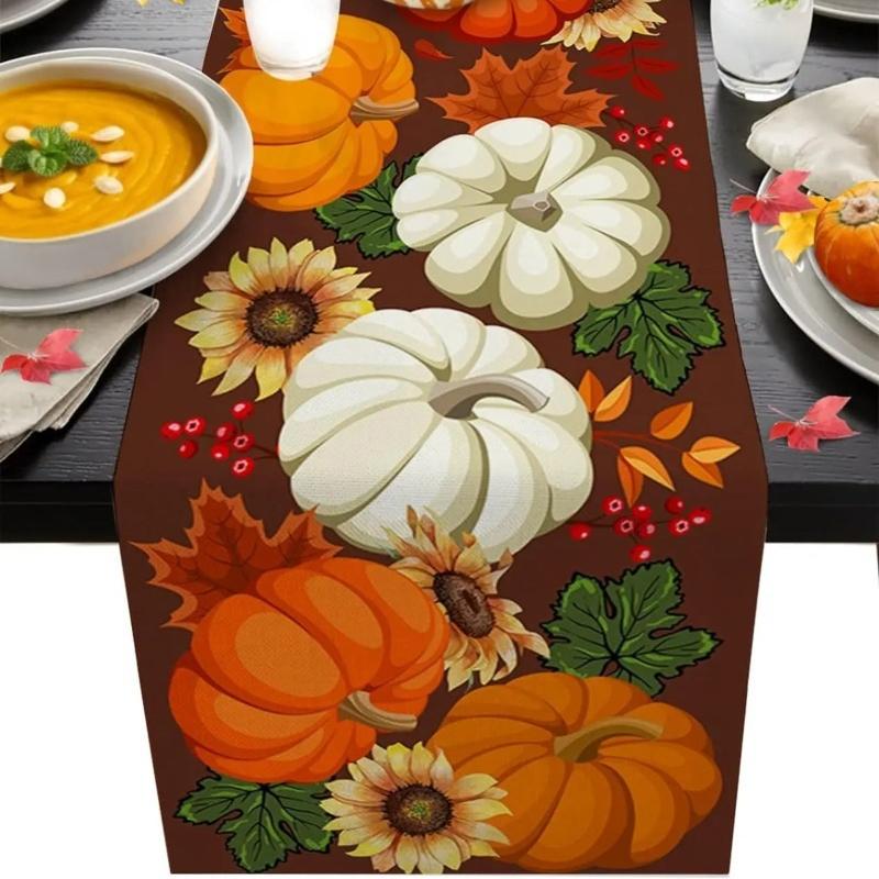 Thanksgiving Pumpkin Printed Table Flag Family Gathering Dinner Pastoral Restaurant Warm Home Decoration Sunflower Maple Leaf Flower Table Runner