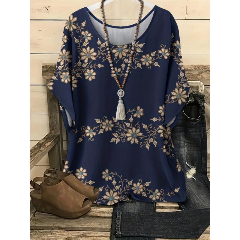 Large Size Plant Pattern Short Sleeve Crew Neck T-shirt