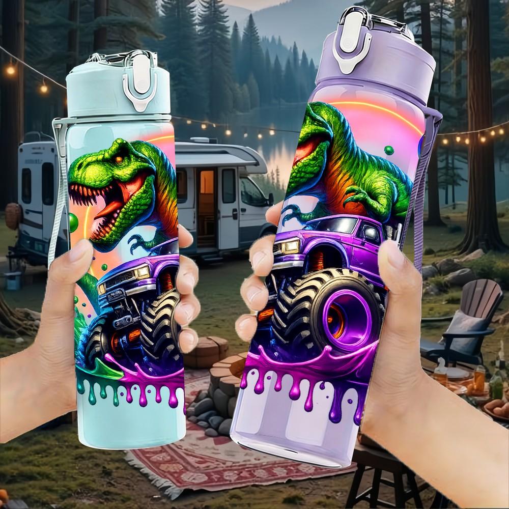 1PC Colorful Dragon DJ Music Cartoon 750ml Color Plastic Sports Water Bottle Leakproof Flip Straw Lid Suitable for Sports Office Home Use