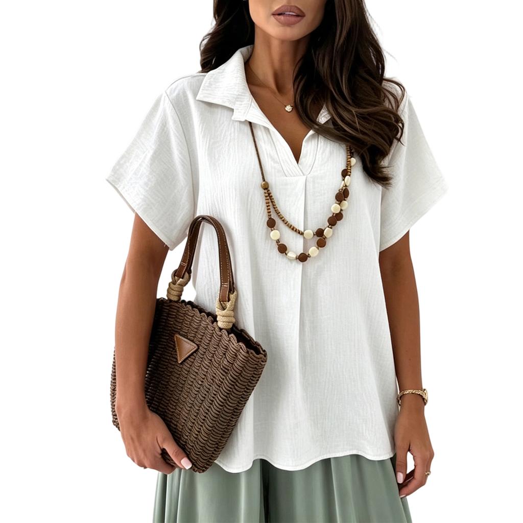 Women's Short Sleeve Shirt Loose Fit V Neck Collared Blouse Casual Wrinkled Texture Summer Top