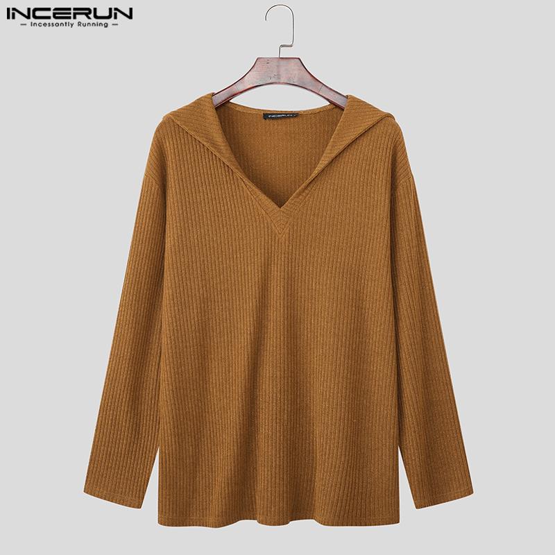 INCERUN Autumn Men Lapel V Neck Long Sleeve Texture Ribbed Knitted Casual Pullover Tops