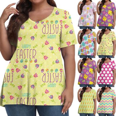 Moda feminina casual decote em V pulôver manga curta tamanho grande páscoa estampado top