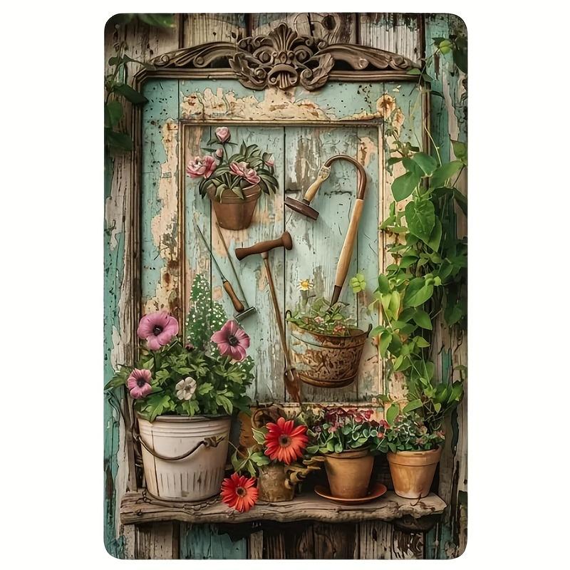 Vintage Floral Metal Tin Sign,Rust-Proof & Waterproof Iron Wall Art, Rustic Garden Scene with Gardening Tools Library Decor