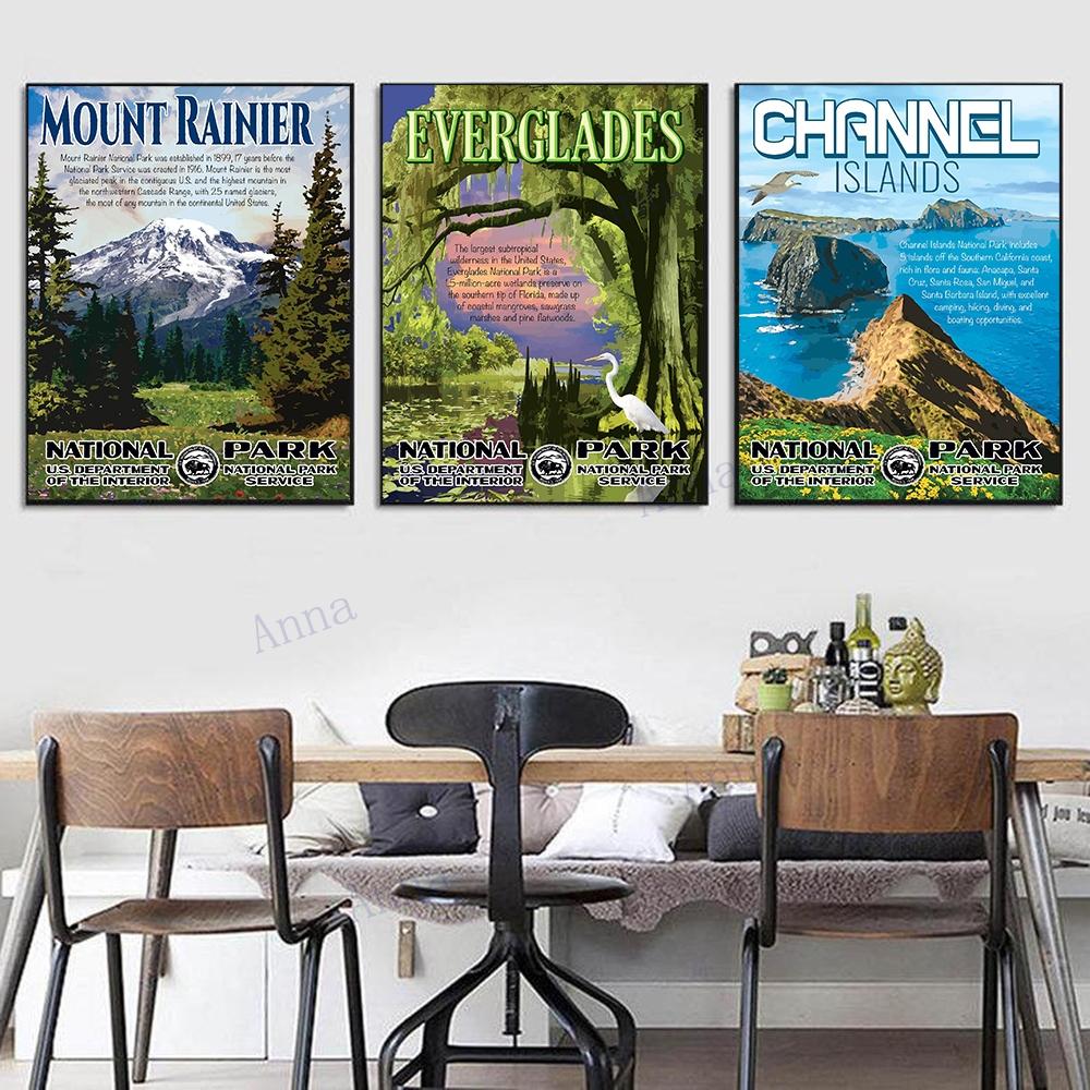 National Park Print Mountain Vintage Art Canvas Painting Travel Cities Posters Retro Landscape Wall Art Picture for Living Room
