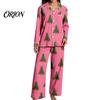 Breathable Pajamas 2Pcs/Set Women Christmas Pajama Set, Long Sleeve Button Down Shirt Soft Loungewear Gift Wide Leg Pants Cute Xmas Print Sleepwear