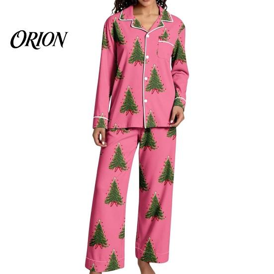Breathable Pajamas 2Pcs/Set Women Christmas Pajama Set, Long Sleeve Button Down Shirt Soft Loungewear Gift Wide Leg Pants Cute Xmas Print Sleepwear