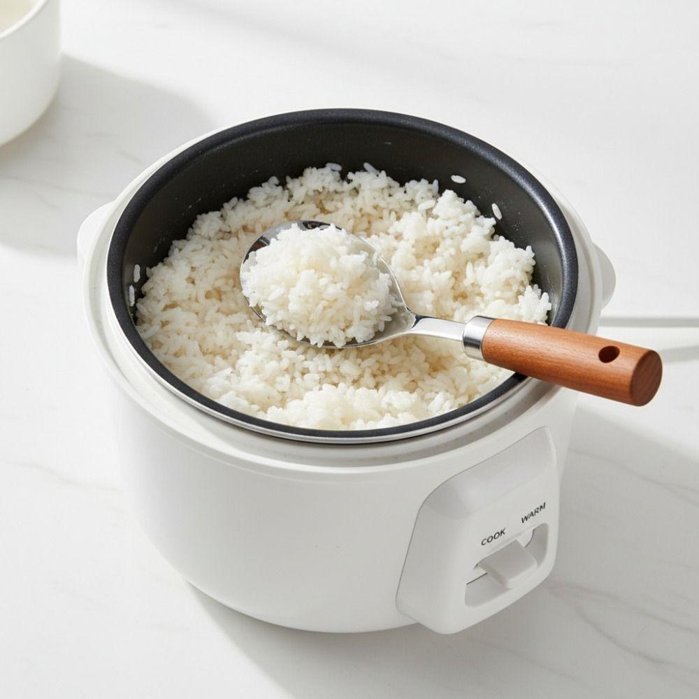 2 Piece Upright Stainless Steel Rice Spoon Anti-Stick Wood Handle Dinning Serving Spoon Comfortable Grip Heat-resistant