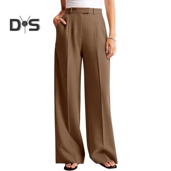 Summer Women Pants High Waist Slim Straight Legs Suit Pants with Pockets Solid Color Loose Fit Button Zipper Closure Office Pants
