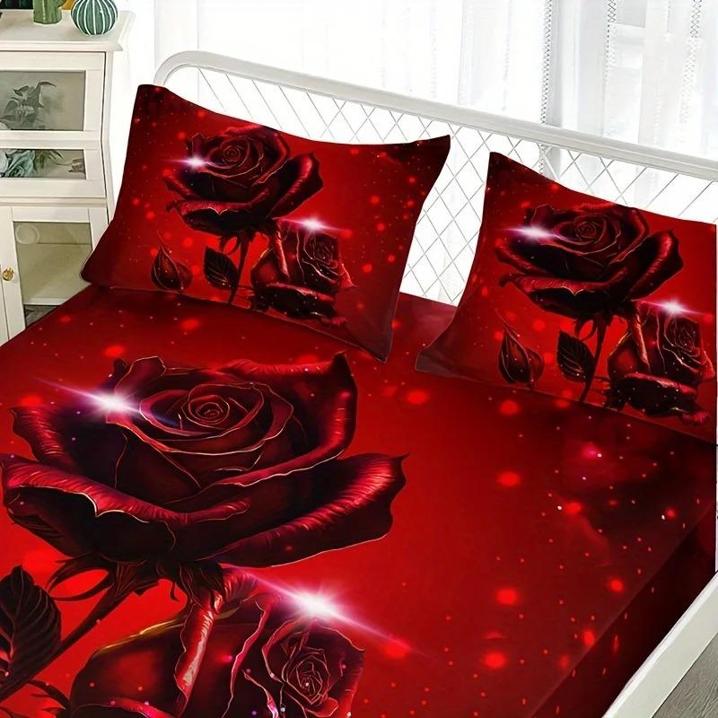 1pc Fitted Sheet Romantic Red Rose Printed 100% Polyester Breathable Bedding Set for Home Bedroom Decor Without Pillowcase