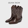 Cai Wenjing & Zhang Yuxi Stil Damen Square Toe Chunky Heel Western Cowboy Stiefel - 2025 Neue Retro Kurzstiefel aus echtem Leder