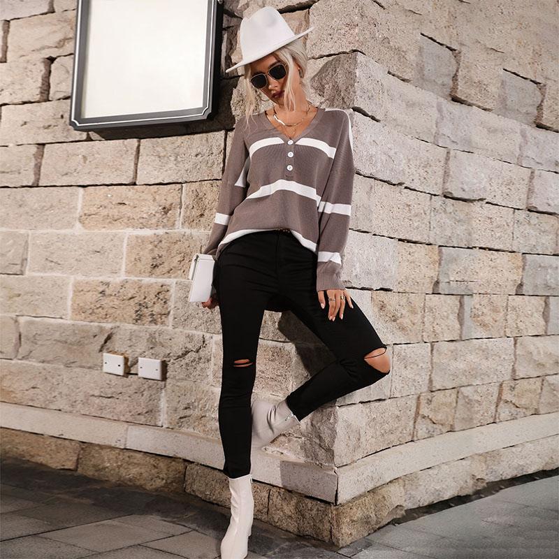 YYFS Damenmode, lässig, Frühling und Herbst, Streifendruck, langärmelig, V-Ausschnitt, Blusen und Hemden