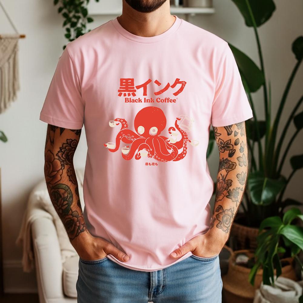 2026 Summer 100 Pure Cotton Unisexs Black Ink Coffee Octopus Print Round Neck Short Sleeved Street Cool Casual Breathable Tshirt