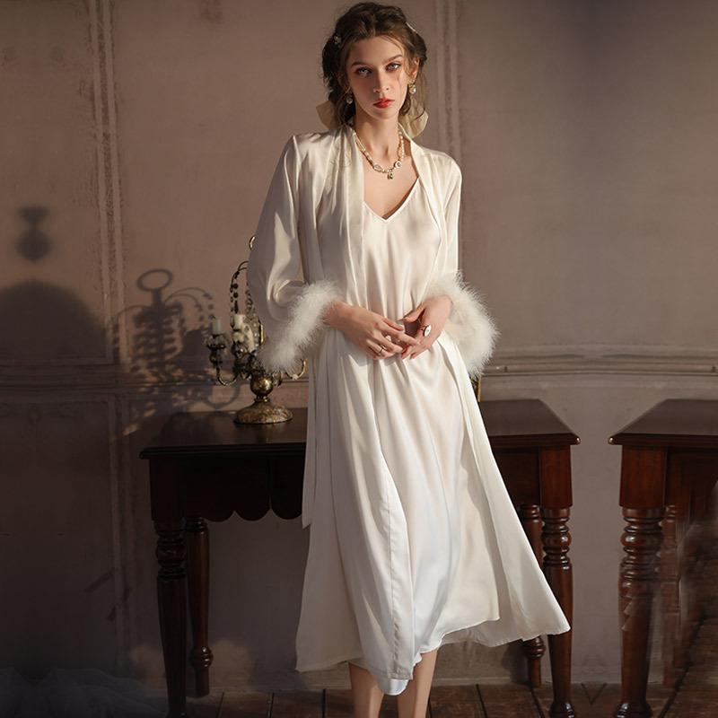 

Women’s Luxury Ice Silk Pajama Set Long Camisole Nightgown and Robe Feather Trim Two-Piece Sleepwear Bridal Morning Robe M