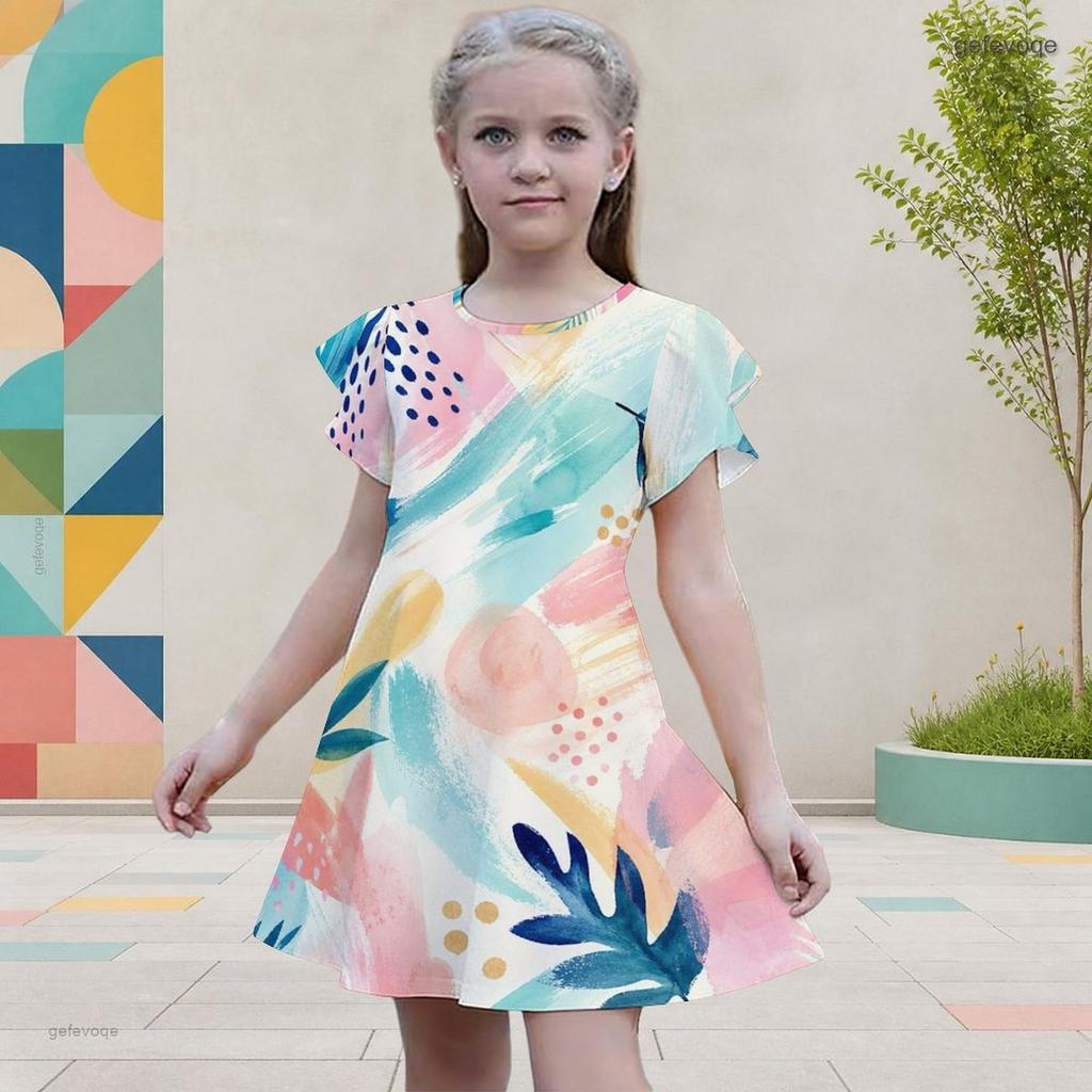 Girls Round Neck Flutter Sleeve A Line Flared Geometric Printed Dress