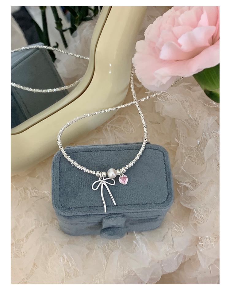 S925 Sterling Silver Pink Heart Bow Pearl Bracelet for Women