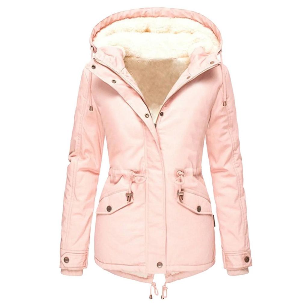 2025 Winter Women's Solid Color Hooded Parka Coat Thick Fleece Lined Cotton Jacket Outerwear