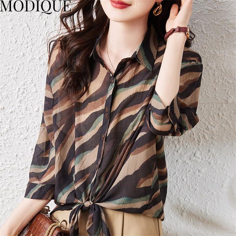 MODIQUE Estate Taglie Forti Donna Cotone Lino Cucito Camicette Camicie Stampa Taglio Ondulato Estate Cappotti Oversize Bottoni POLO