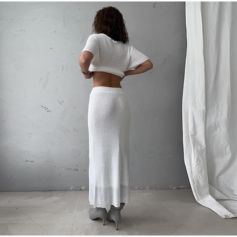 Women's Casual Suit Short Sleeved Hollowed Out Top Knitted Half Skirt Set Solid Color Versatile Summer Refreshing Wearing Temperament Elegant Dress
