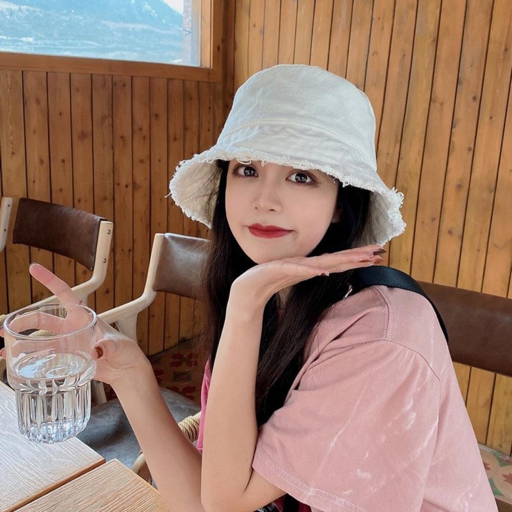 Sunscreen Denim Bucket Hat Big Brimmed Sunscreen Hat Sweet Jeans Fisherman Hat  Lady
