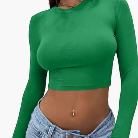 Spice Girl Solid Color Crew Neck Long Sleeve Button Top Slim Short Sexy T-Shirt Women