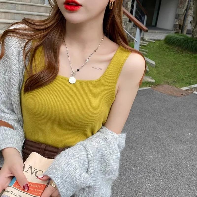 Women Summer Casual Ribbed Tank Top Square Neck Slim Sleeveless Top