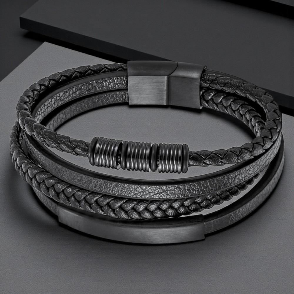 Black leather bracelet with steel accents 19cm