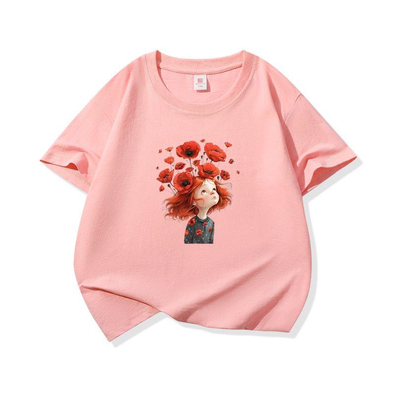 Kids Cotton T Shirt Red Flower Girl Print Crew Neck Short Sleeve Tee Casual Breathable Boys Girls Summer Tops