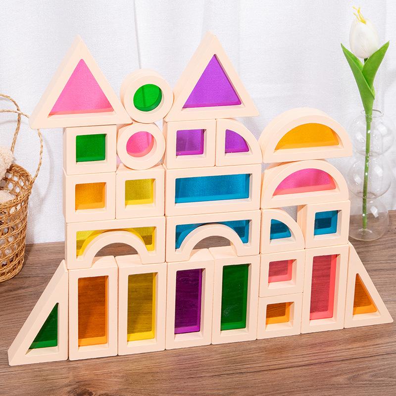 25-Piece Wooden Acrylic Magic Building Blocks: Creative Translucent Shapes for Children's Cognitive Development