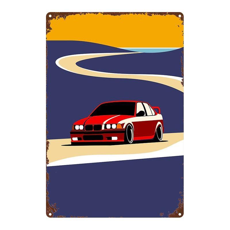 Racing Car Retro Style Metal Decorative Painting for Garage Room Decor