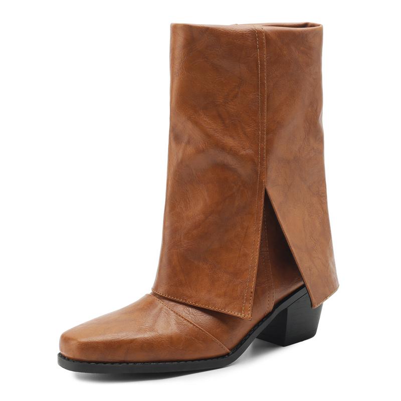 

Winter Women Foldover Ankle Boots Red Black Brown High Block Heel Square Toe Casual Dress Lady Slip-on Folding Short Skirt Boots 34 жёлтый