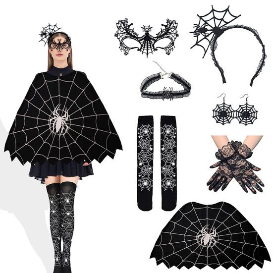 Halloween Spider Web Costume for Women Black Lace Headband Choker Gloves Spider Web Cape Masque Thigh High Long Stockings for Carnival Party Cosplay