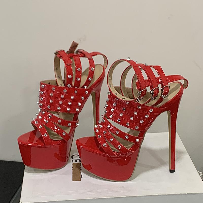 Sexy Rivet Narrow Band Buckle Sandals Women Fashion Open Toe Super High Heel Platform Sandals Punk Style Nightclub Stripper Shoe 42 6550₽