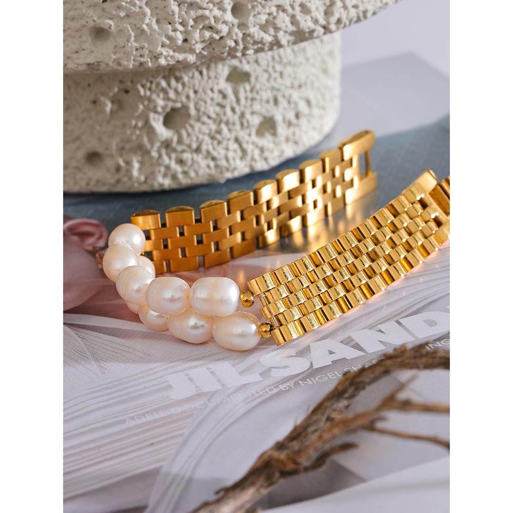 Yhpup Luxury Natural Pearls Cuban Chain 316L Stainless Steel Bracelet Bangle High Quality Women Gold Color Premium Jewelry Gift