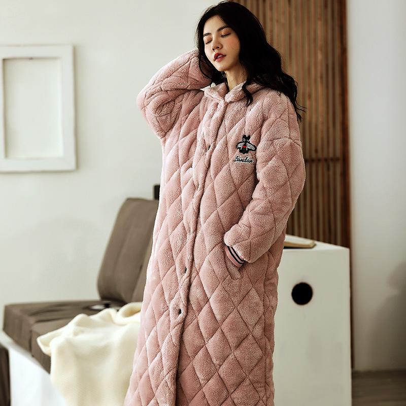 

Жіночий стьобаний халат з капюшоном з коралового флісу - Потовщений тришаровий, Довга зимова піжама 170(XL) Recommended for 120-140 jin