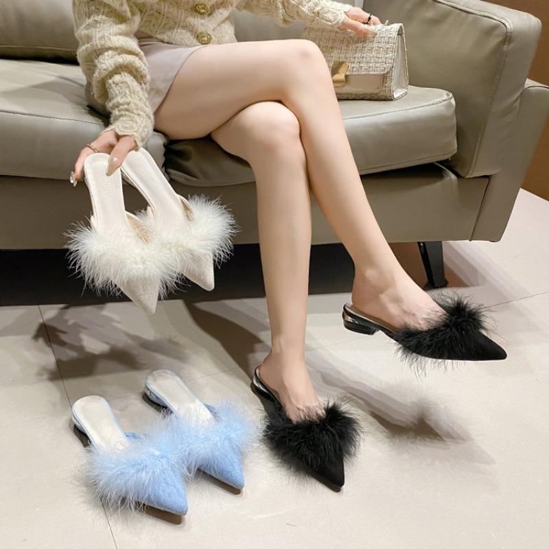Pointed-toed fluffy shoes wearing bag-headed slippers for women's spring and autumn new large-size thick-heeled lazy half-slippers