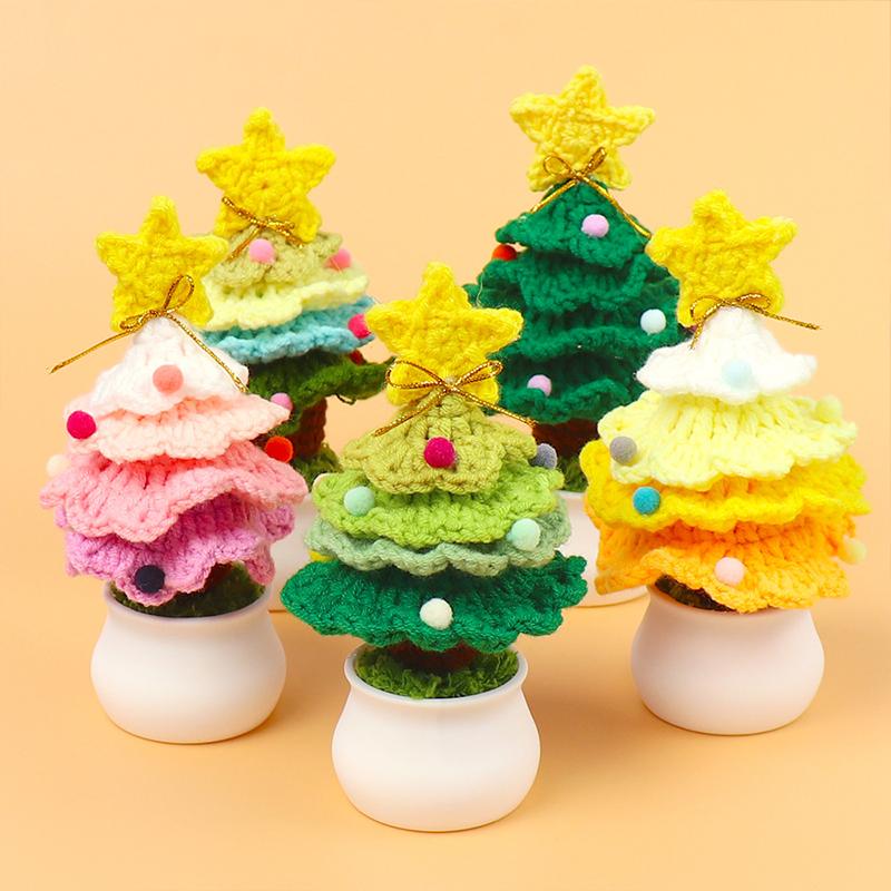 2026 Christmas Crochet Tree Desktop Mini Finished Artificial Potted Christmas Tree Ornaments New Year Knitting Decor Gifts