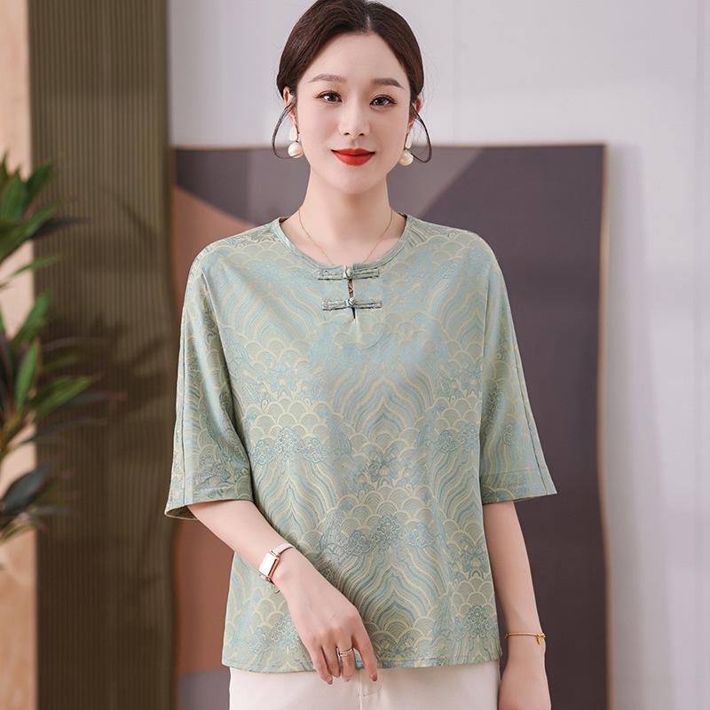

New Arrival: Summer Chiffon Shirt for Women - Age-Defying, Stylish, Short Sleeve, Chinese National Style Top 4XL (Recommended 67.5-75 kg) светло-зеленый