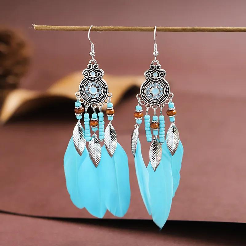Bohemian Ethnic Feather Drop Earrings For Women Elegant Wood Beads Leaf Long Tassels Dangle Earring Girls Fashion Party Jewelry